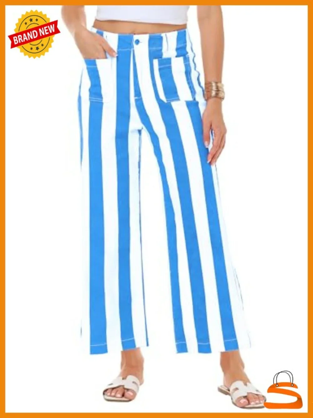 Striped High Rise Wide Leg Cropped Stretchy Denim Jeans with Pockets
